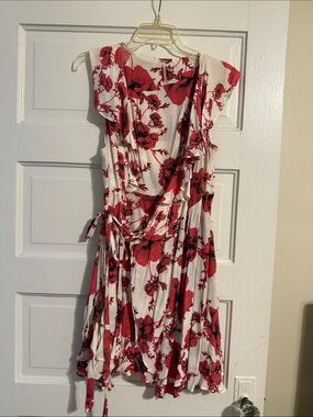 Free People White Midi Wrap Dress with Red Floral Print